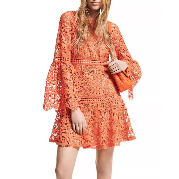 Michael by Michael Kors Lace Dress with Bell Sleeves in Orange, size 2 - Picture 10 of 11